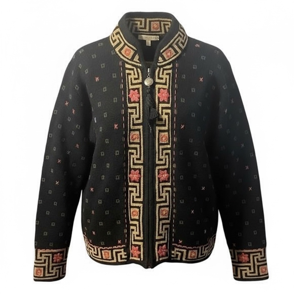 Icelandic Design Floral Embroidered Black Wool Zip Up Women's Jacket Size Medium